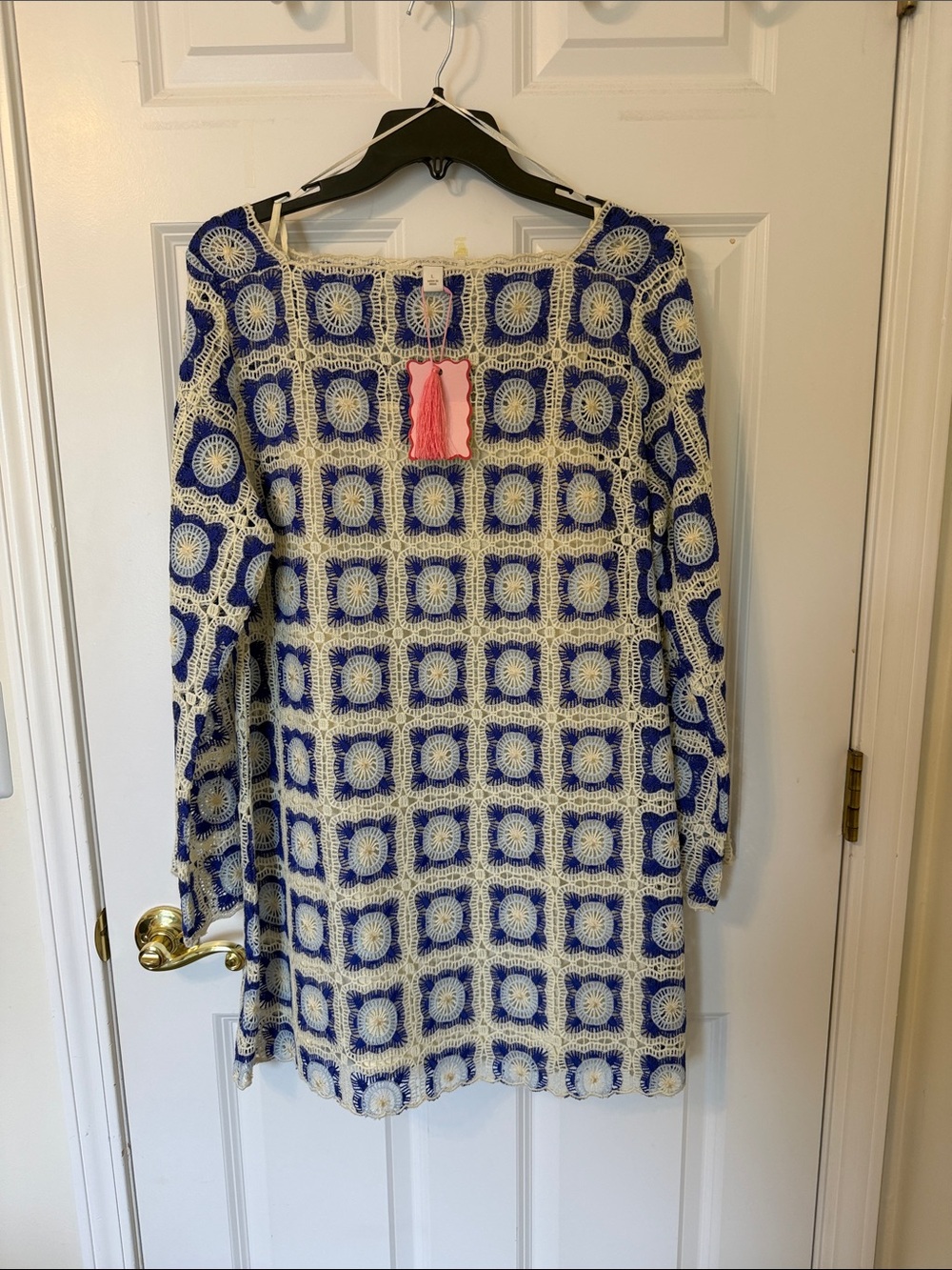 Chelsea & Violet Blue and Cream Crochet Long Sleeve Dress with Lining Large NWT